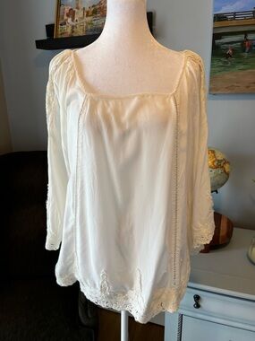 Vintage Solitaire Cream Lace-Trim Square Neck Peasant Blouse 2XL